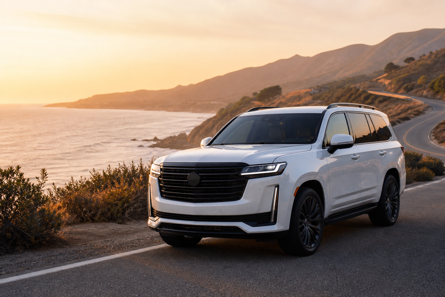 Representative white luxury SUV on Malibu and PCH for coastal drive rental planning